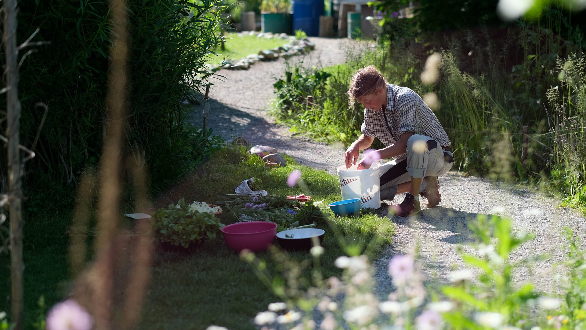 Eine Frau welche im Gurtengärtli etwas aus einem Eimer nimmt.