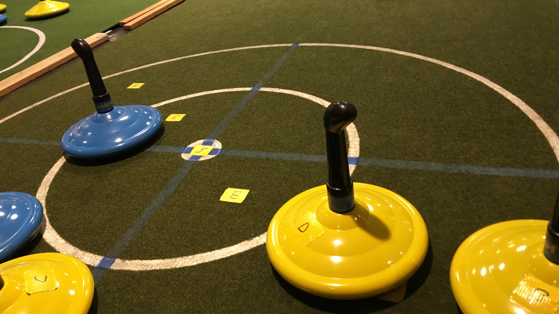 Curlingsteine auf Kunstrasen verteilt