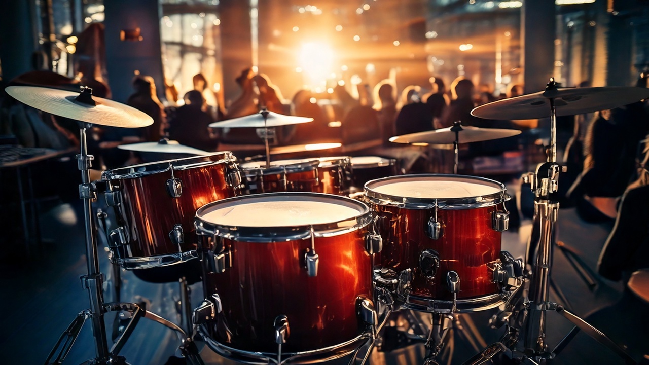Schlagzeug mit Menschengruppe im Hintergrund