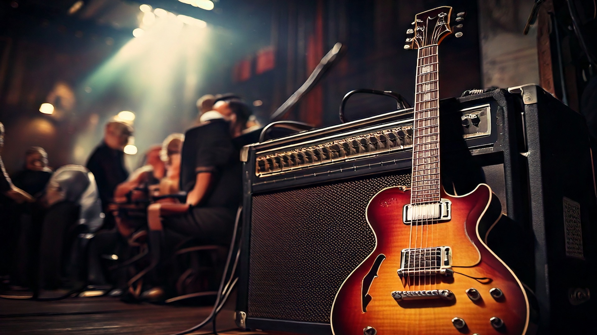 Gitarre mit Band im Hintergrund