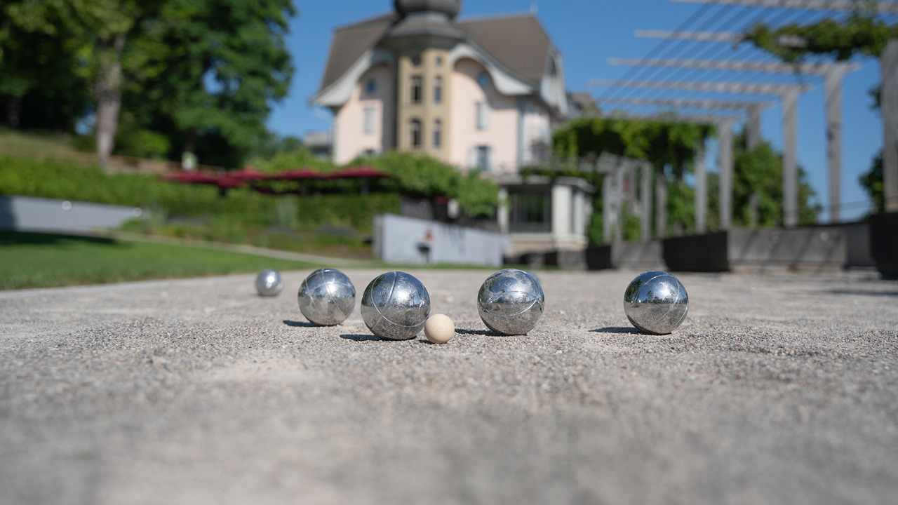 Boules balls on the square in front of the building