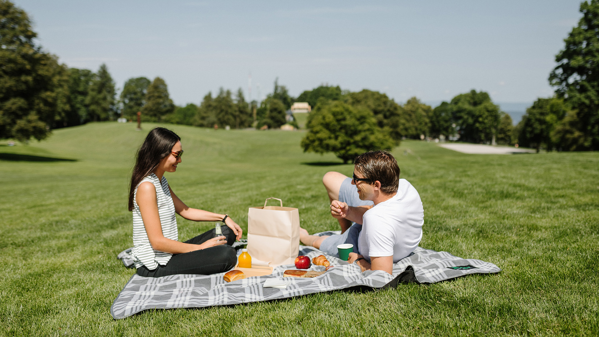 Zwei Personen welche auf einer Picknickdecke in einer grünen Wiese den Brunch to go geniessen.
