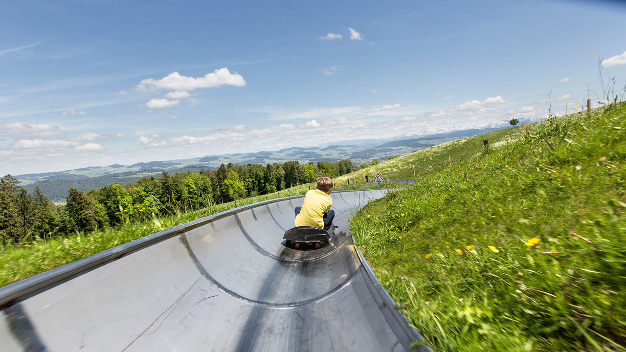 Person in Rodelbahn mit gelben T-Shirt