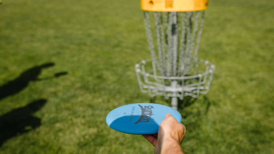 Eine Person hält ein Frisbee in der Hand, im Hintergrund ein Discgolf-Korb.