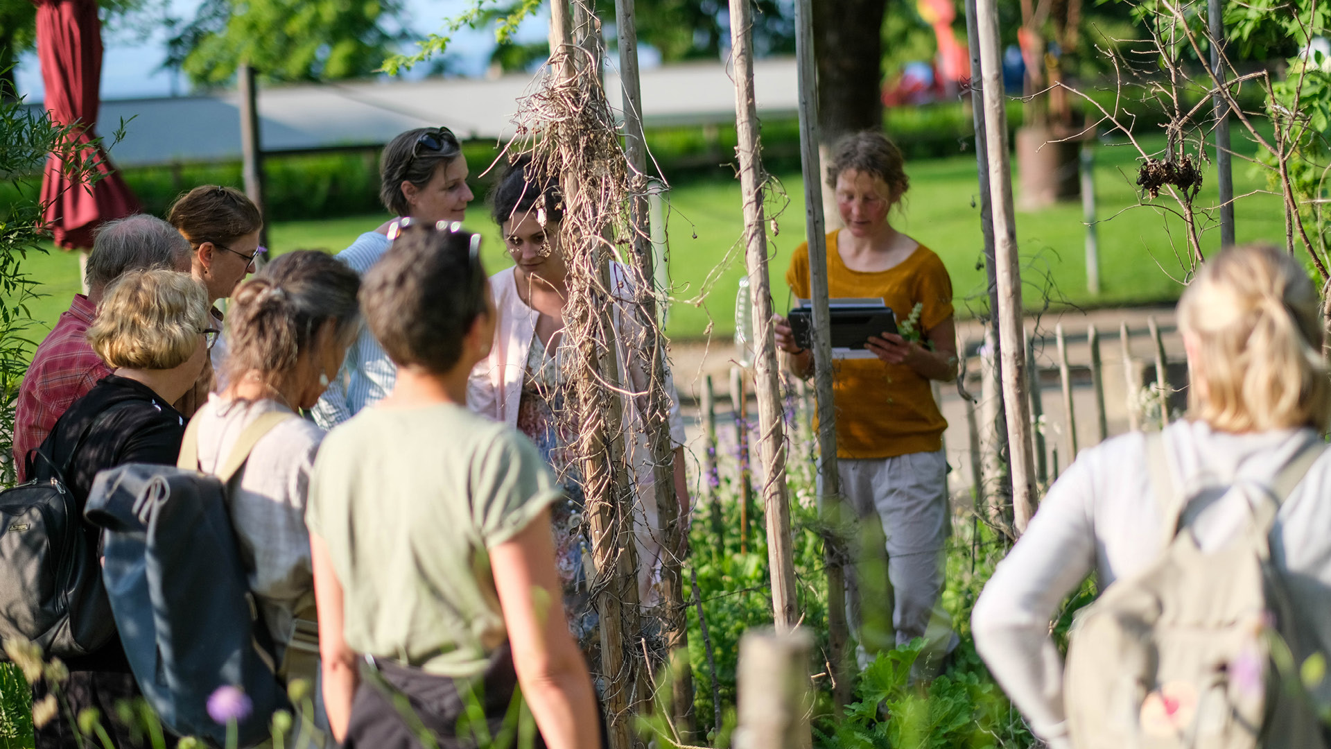 Mehrere Personen hören einer Frau zu und schauen gleichzeitig die Pflanzen im Gurtenhgärtli an.