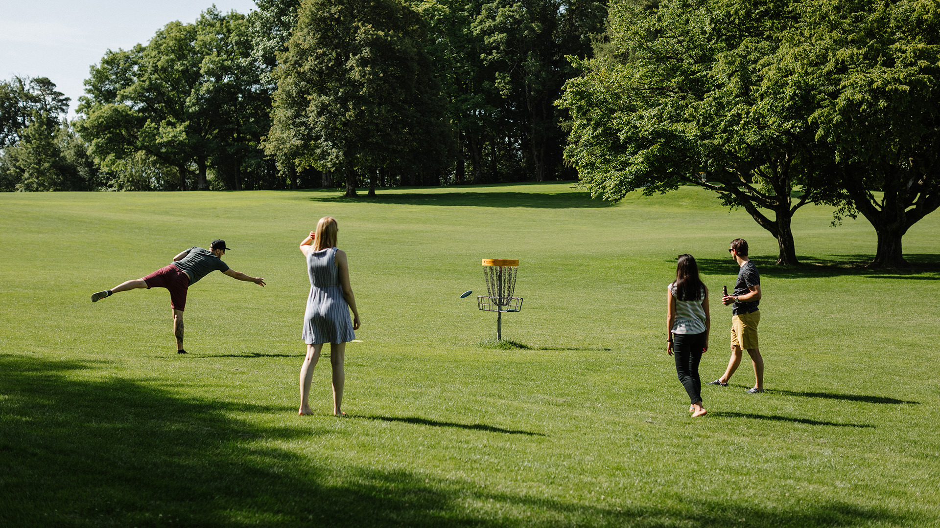 Vier Personen spielen Discgolf auf grüner Wiese auf Gurten