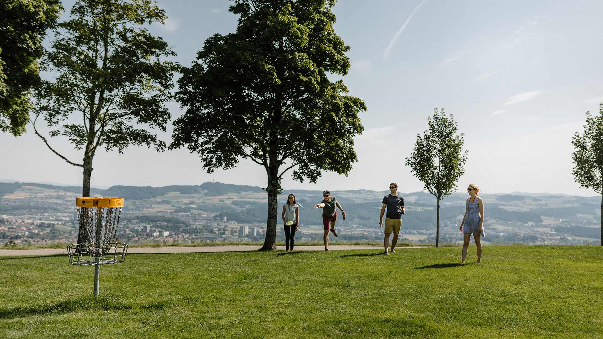 Vier Personen spielen Discgolf und probieren in den Korb zu treffen