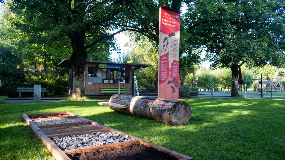 Ein Barfusspfad und eine Station vom Erlebnisweg «Natur. Und du?» im Hintergrund.